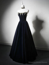 Simple A-Line Velvet Dark Blue Long Prom Dress with Beads